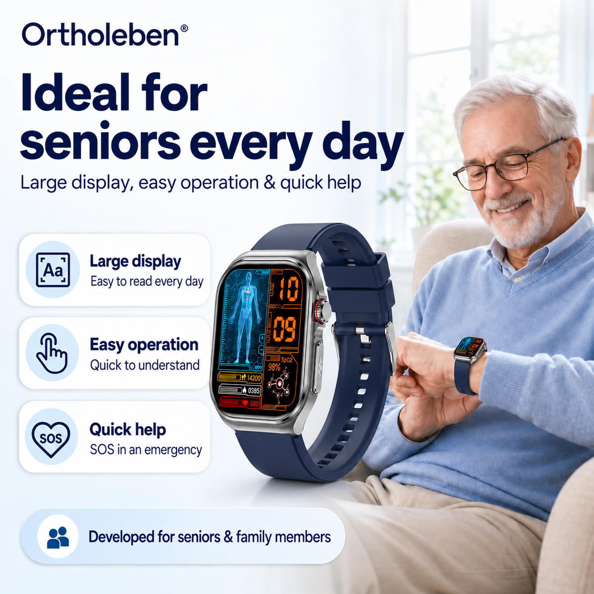 OrthoWatch Arca® – Senioren Smartwatch mit Sturzerkennung & SOS-Notruf